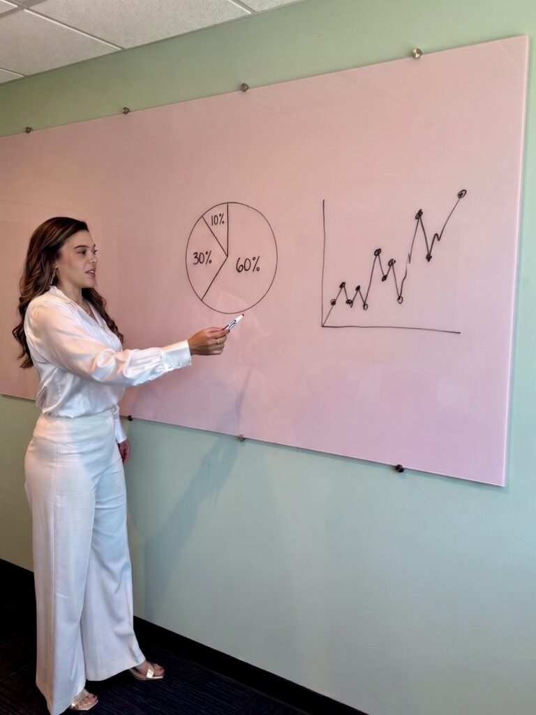 How We Work 1 Nikki Savage of Wild Iris Financial presenting charts on a whiteboard in an office